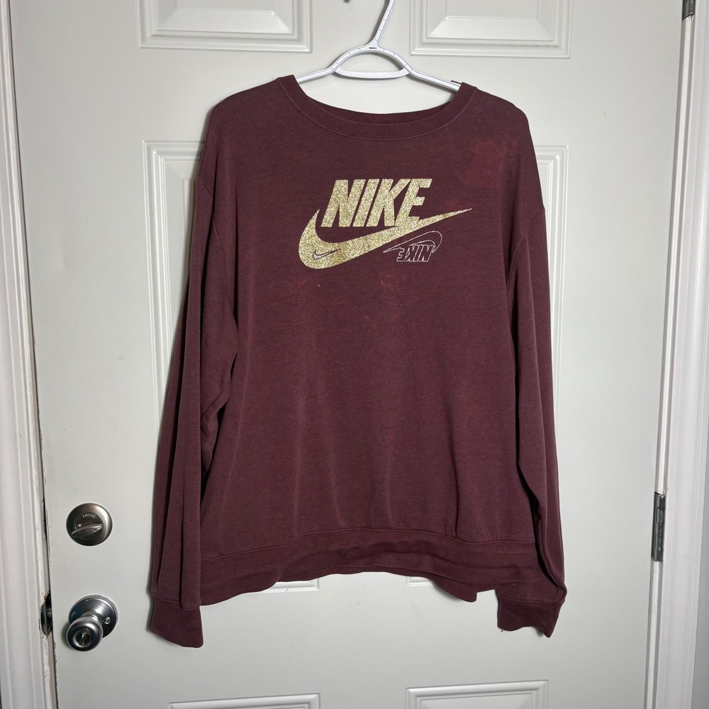 Nike Mens XL Sweatshirt Maroon Burgundy Gold Glitter Swoosh Crewneck Pullover